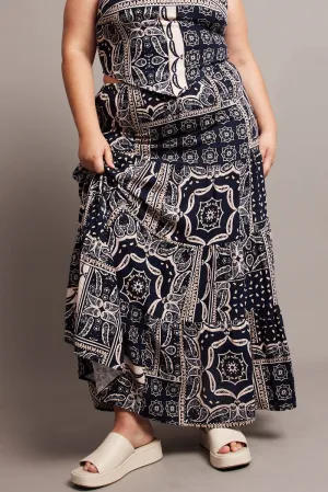 Lightwear Look Blue Abstract Tiered Maxi Skirt