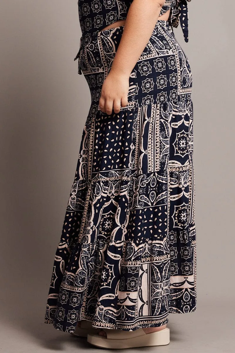 Mini length Patchwork Design Blue Abstract Tiered Maxi Skirt