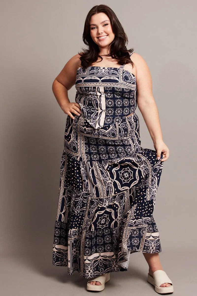 Blue Abstract Tiered Maxi Skirt Recycled Material Everyday Wear