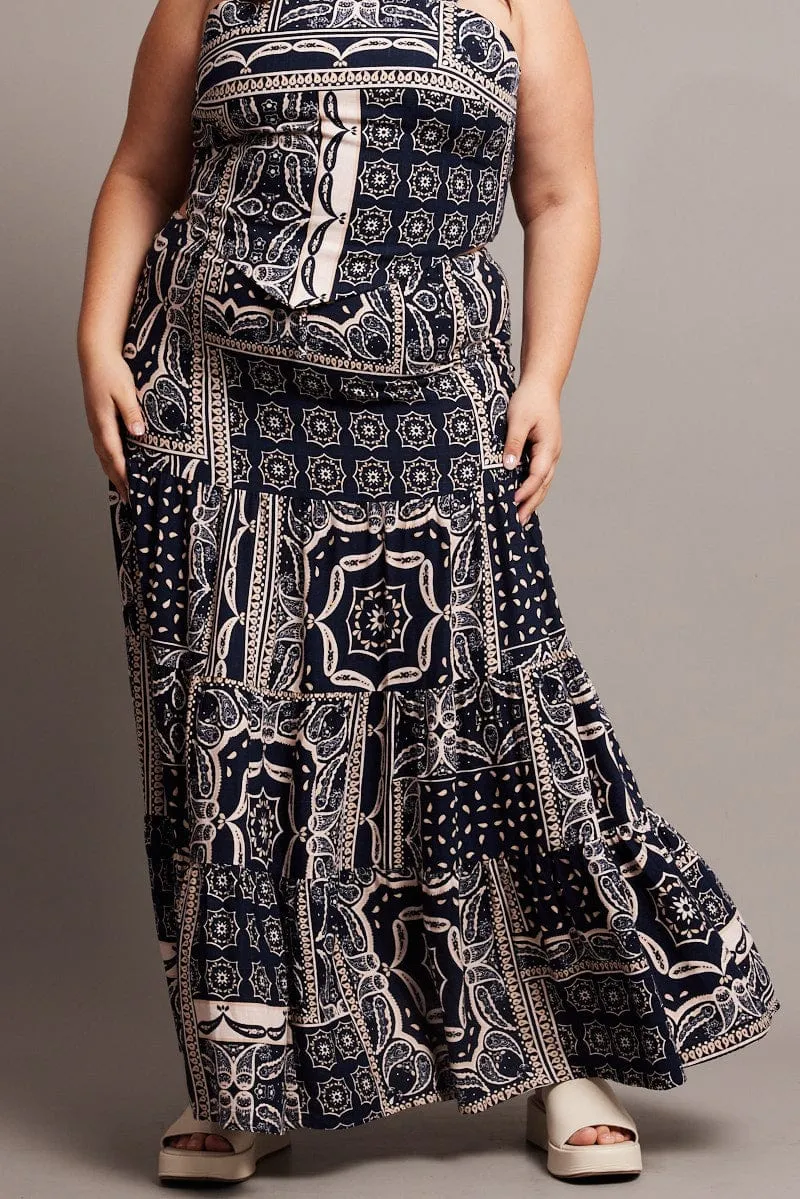 Tear Resistant Blue Abstract Tiered Maxi Skirt
