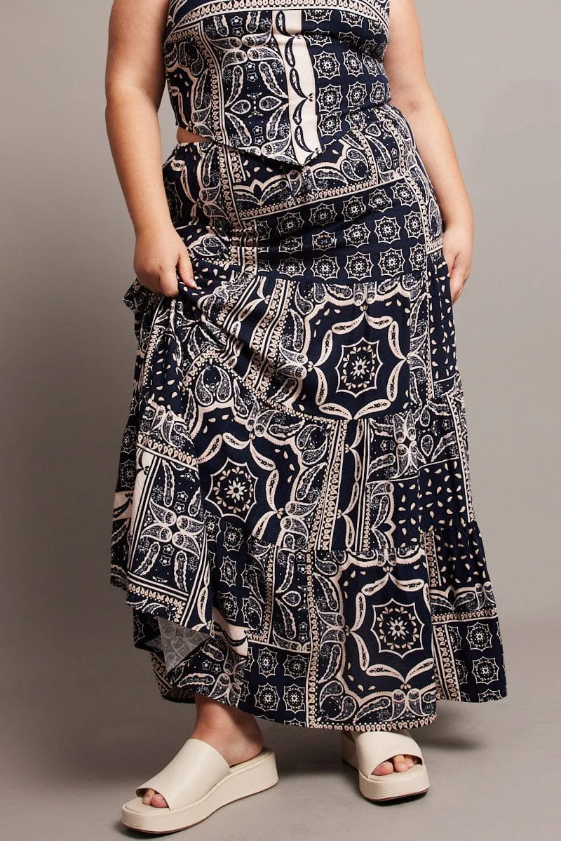 Lightwear Look Blue Abstract Tiered Maxi Skirt