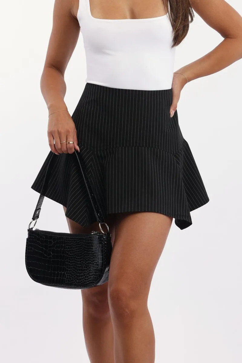 Black Stripe Scarf Hem Mini Skirt High Rise Adjustable drawstring