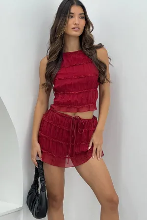Neat Finish Red Mini Skirt Mid Rise Shirred Detail Lined Bloomers