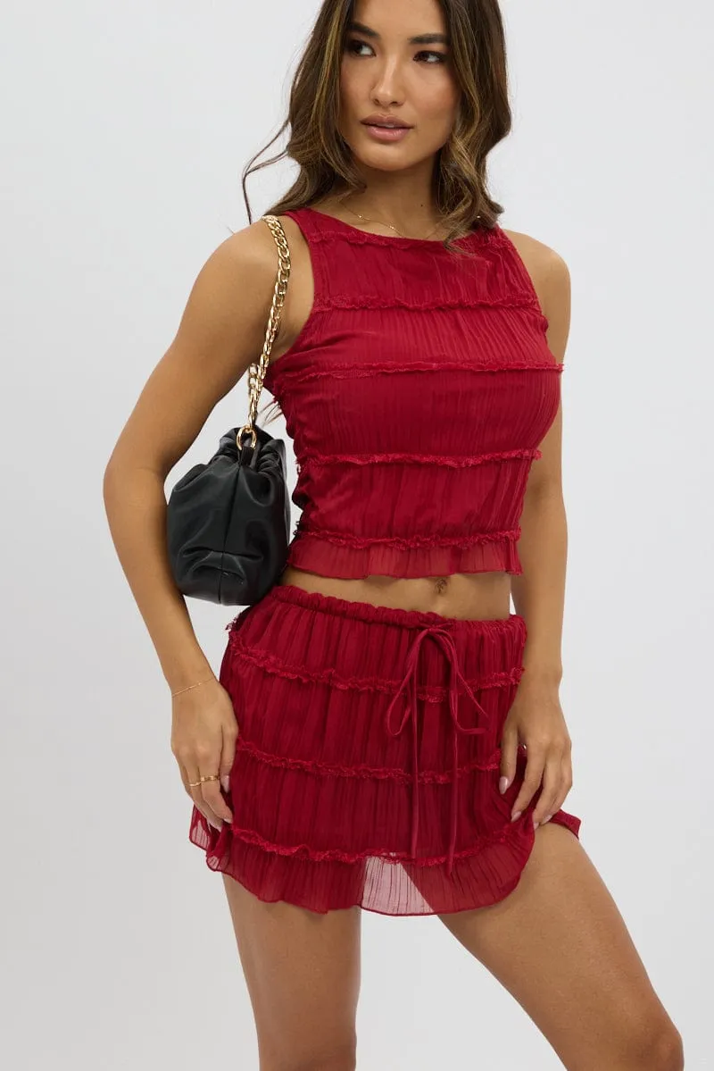 Layered Hem Light Comfort Red Mini Skirt Mid Rise Shirred Detail Lined Bloomers