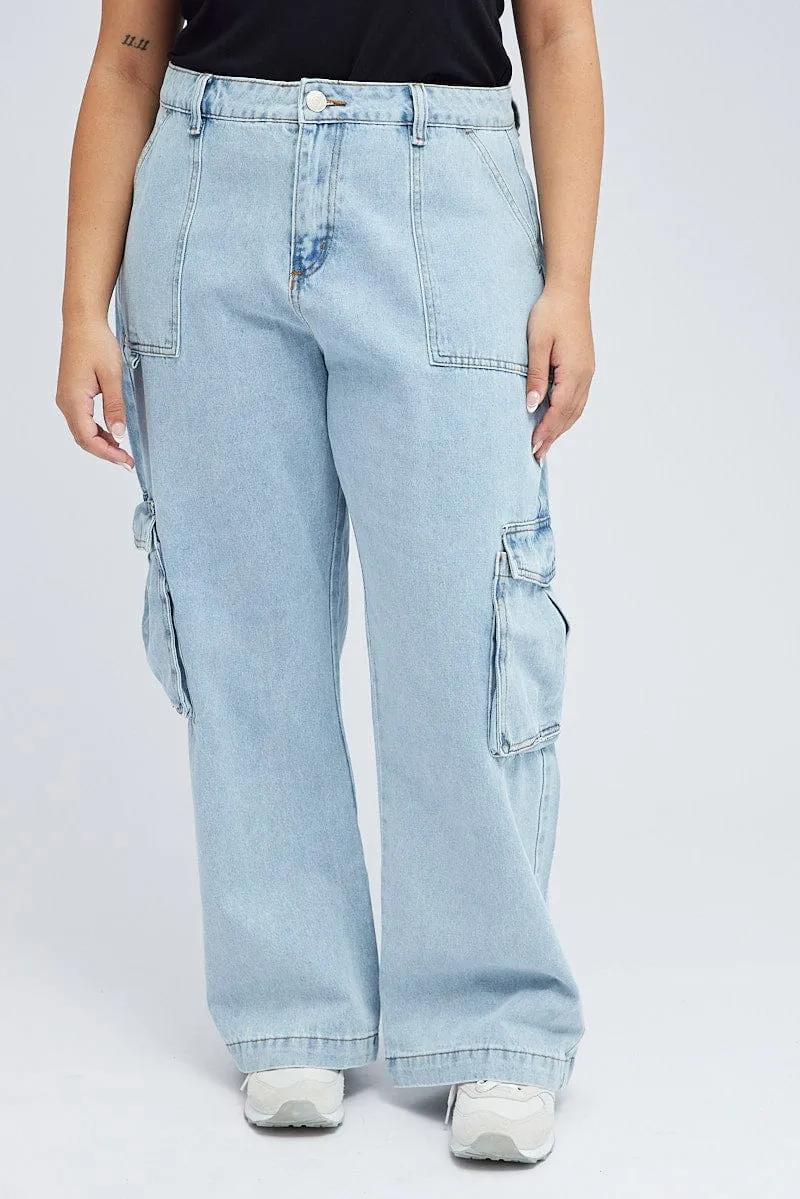 Denim Cargo Jeans High Rise Office Wear Trendy Home Comfort