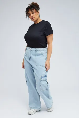 Denim Cargo Jeans High Rise Contemporary Vibe Crosshatch Stitching