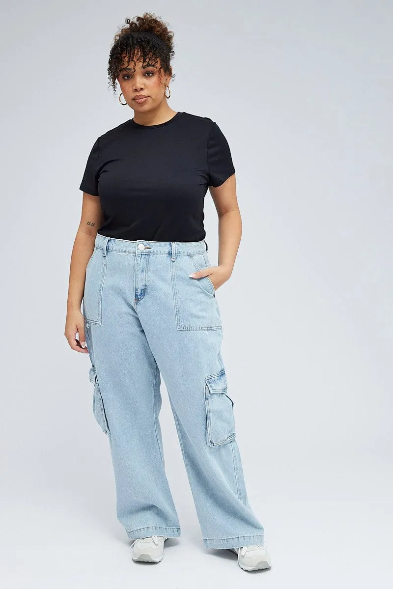 Recycled Material Denim Cargo Jeans High Rise