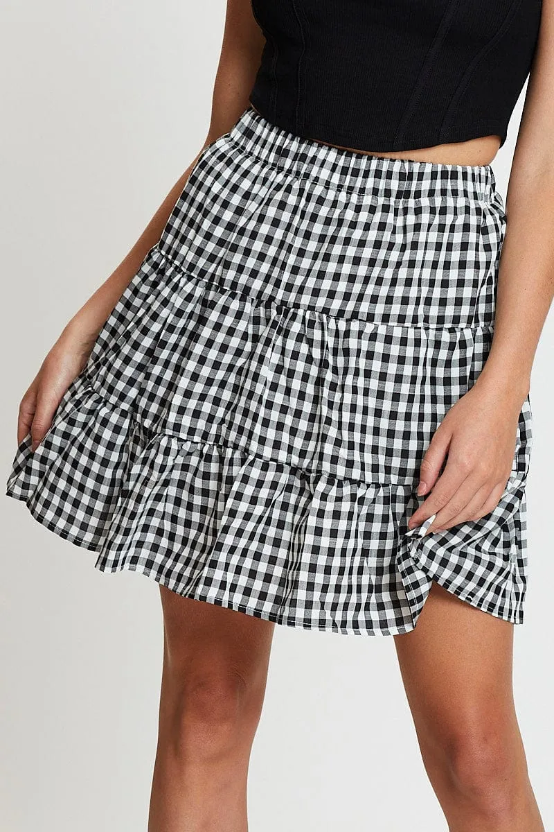 Basic Layers Hand Stitched Check Flare Skirt Mini High Rise