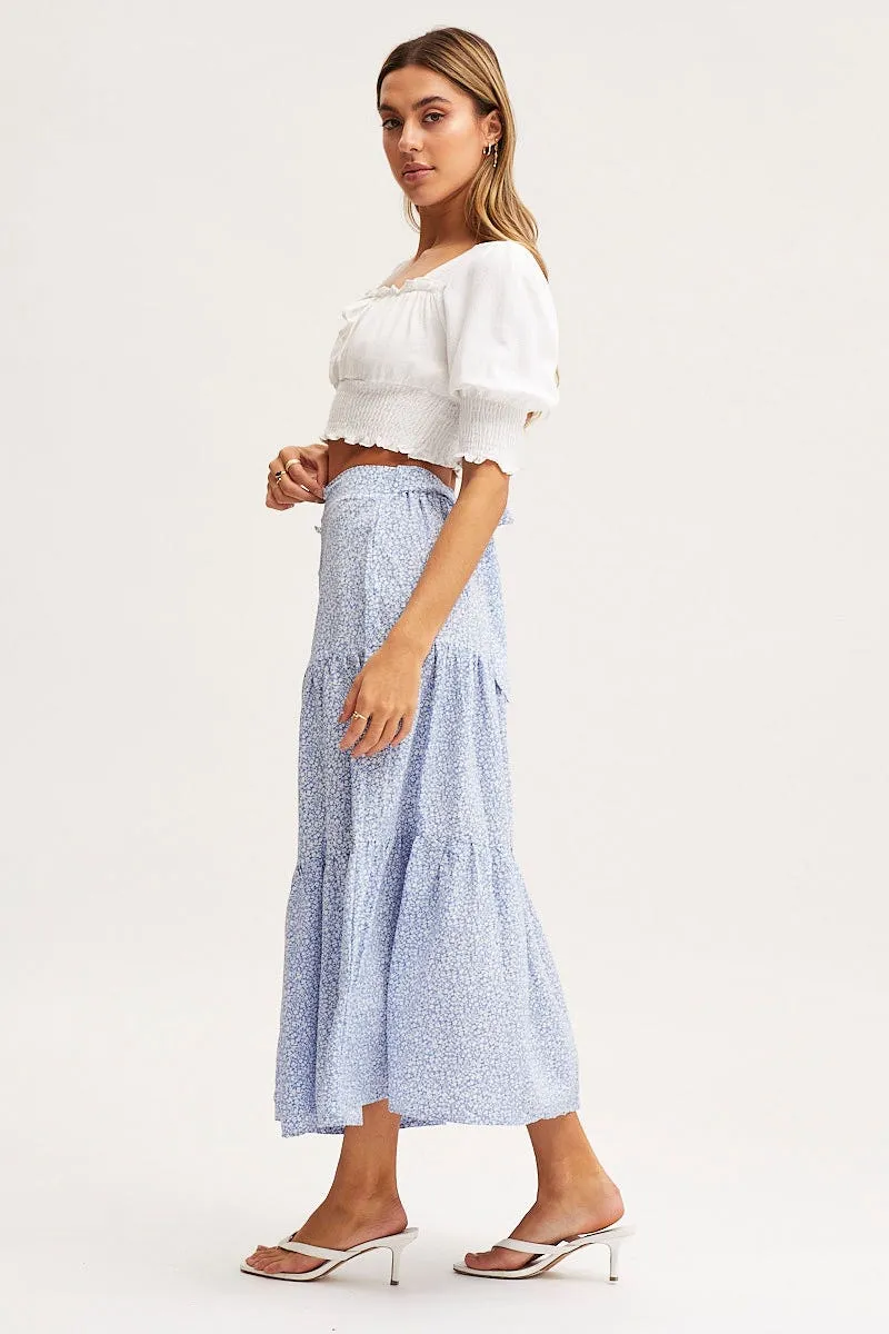 Weighted Hem Print Midi Skirt High Rise Tiered