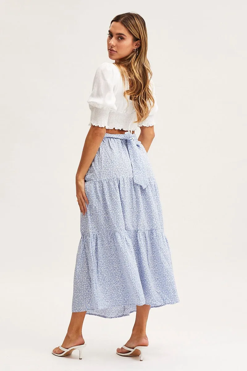 Unisex style Ventilated Panels Print Midi Skirt High Rise Tiered