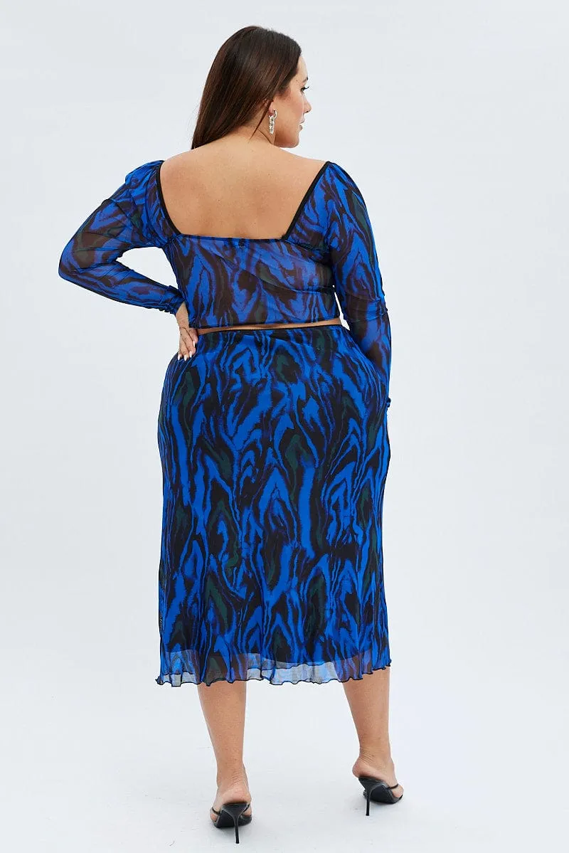 Midi length Weekend Ready Blue Abstract Midi Skirt Mesh Print