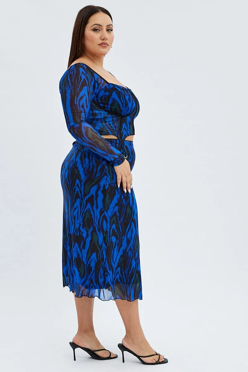 Quilted Texture Blue Abstract Midi Skirt Mesh Print