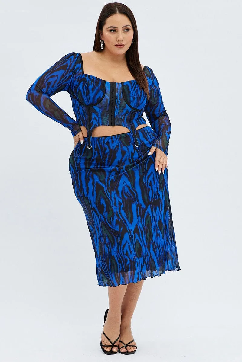 Blue Abstract Midi Skirt Mesh Print Heritage Craft