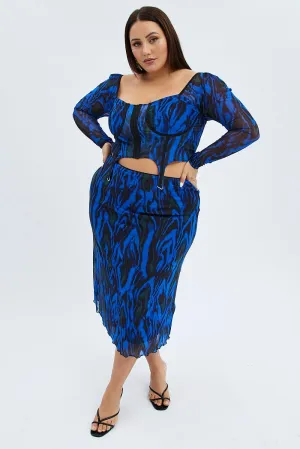 Blue Abstract Midi Skirt Mesh Print Scalloped Edge