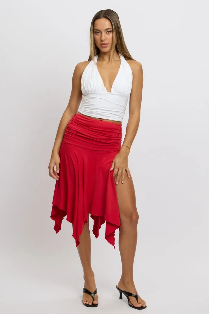 Warm Insulation Neat Finish Red Scarf Hem Skirt High Rise Midi Asymm Supersoft