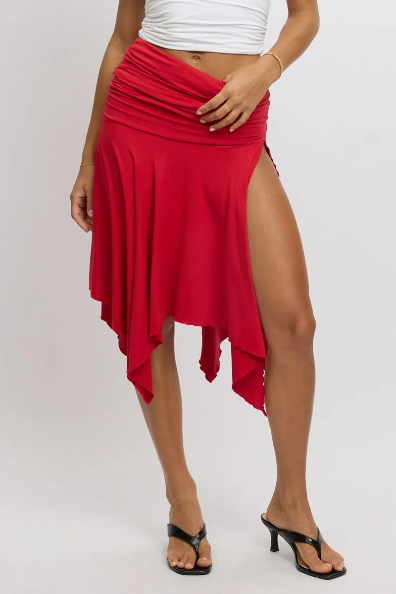 Hidden pockets Red Scarf Hem Skirt High Rise Midi Asymm Supersoft