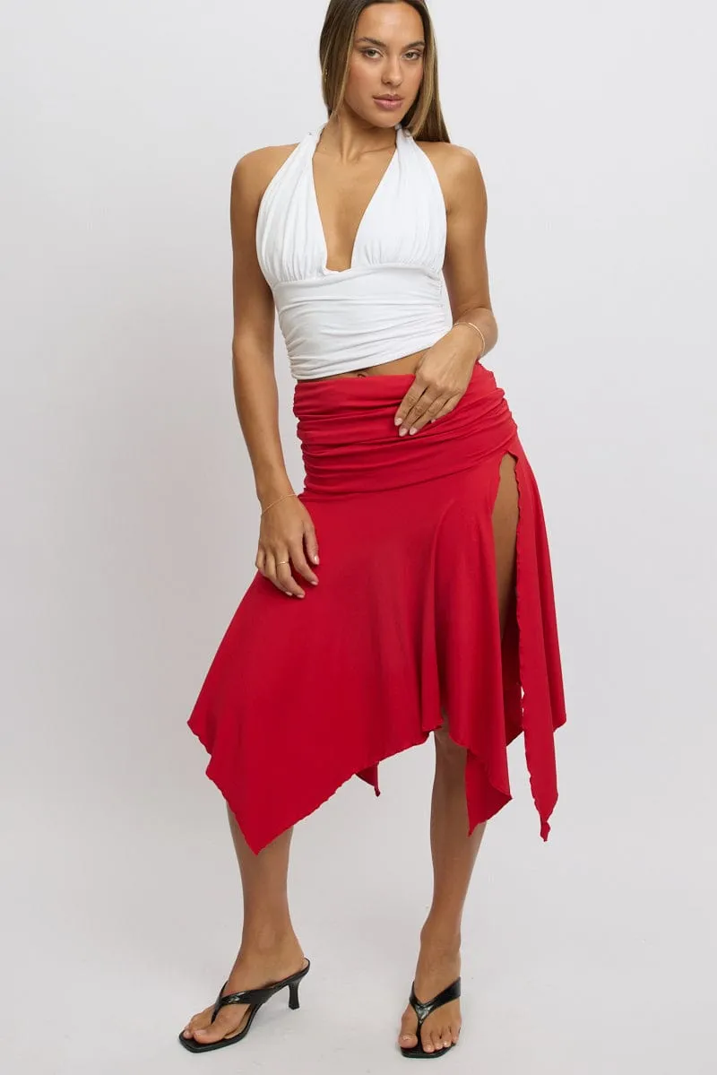 Red Scarf Hem Skirt High Rise Midi Asymm Supersoft Knee Length Occasion Dressing