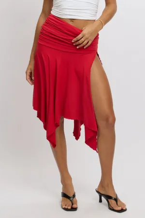 Hidden pockets Red Scarf Hem Skirt High Rise Midi Asymm Supersoft