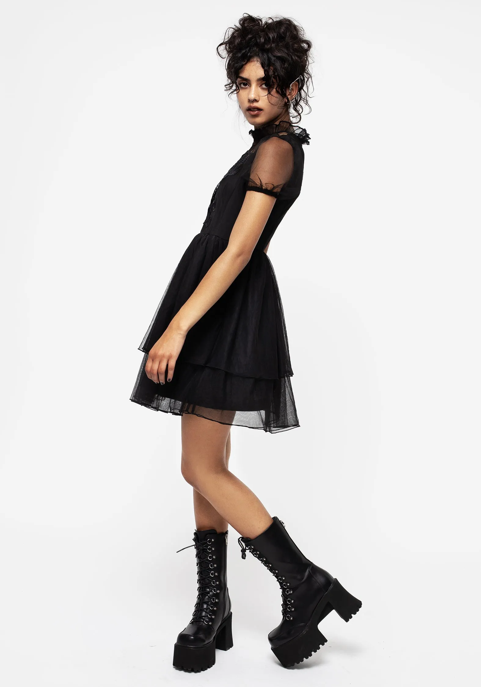 Hysteria Butterfly Applique Frill Neck Tulle Mini Dress Elasticized Cuff Design Secure fastening
