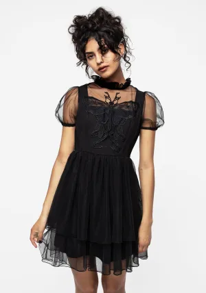 Hysteria Butterfly Applique Frill Neck Tulle Mini Dress Casual Chic Wear Roll Up Sleeve Adaptation