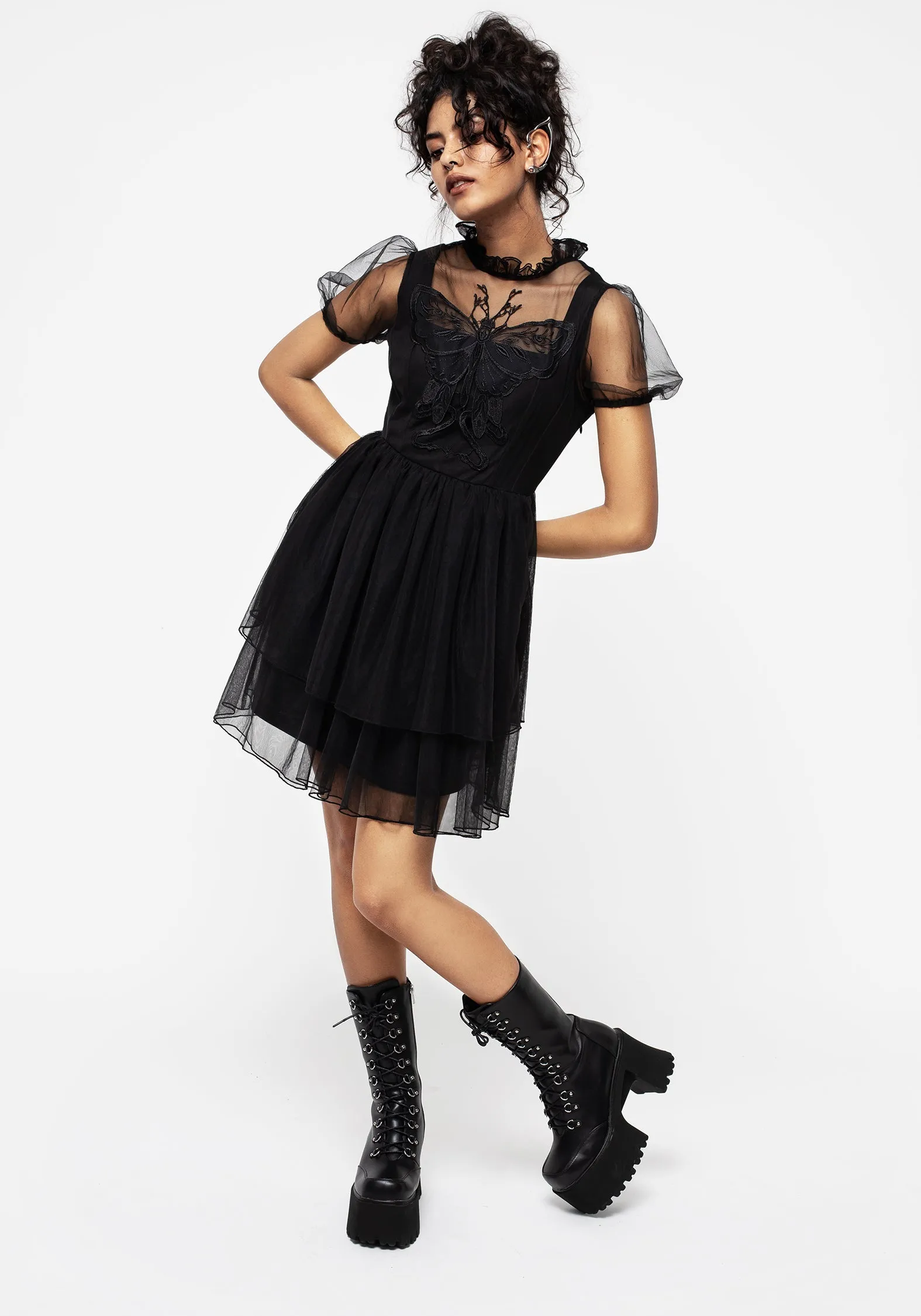 Hysteria Butterfly Applique Frill Neck Tulle Mini Dress Hot Girl