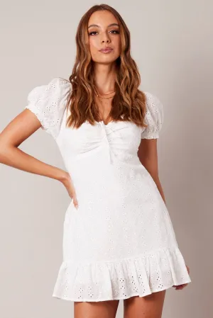 Formal Wear Workwear Essentials White Fit And Flare Dress Puff Sleeve Mini