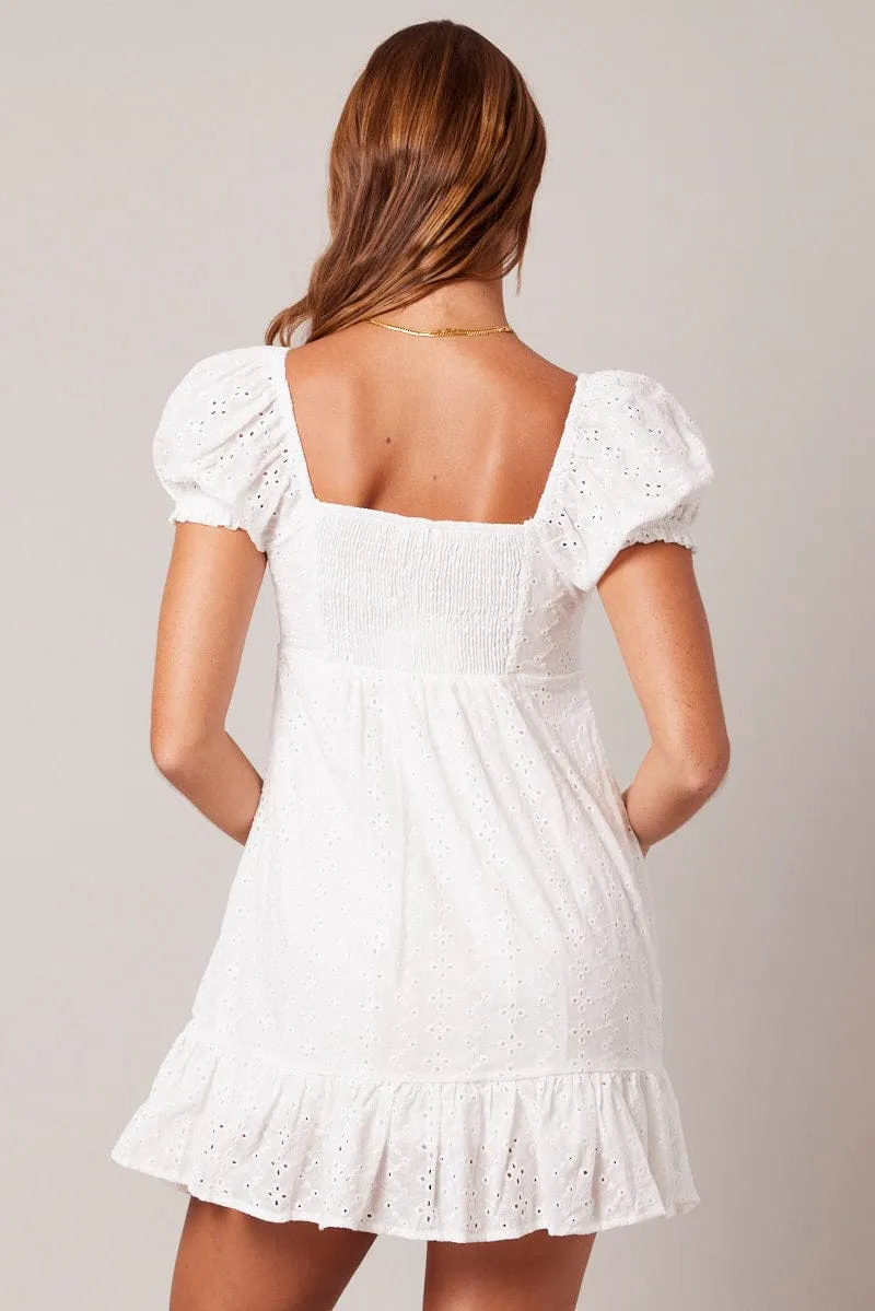 White Fit And Flare Dress Puff Sleeve Mini Winner Vibe