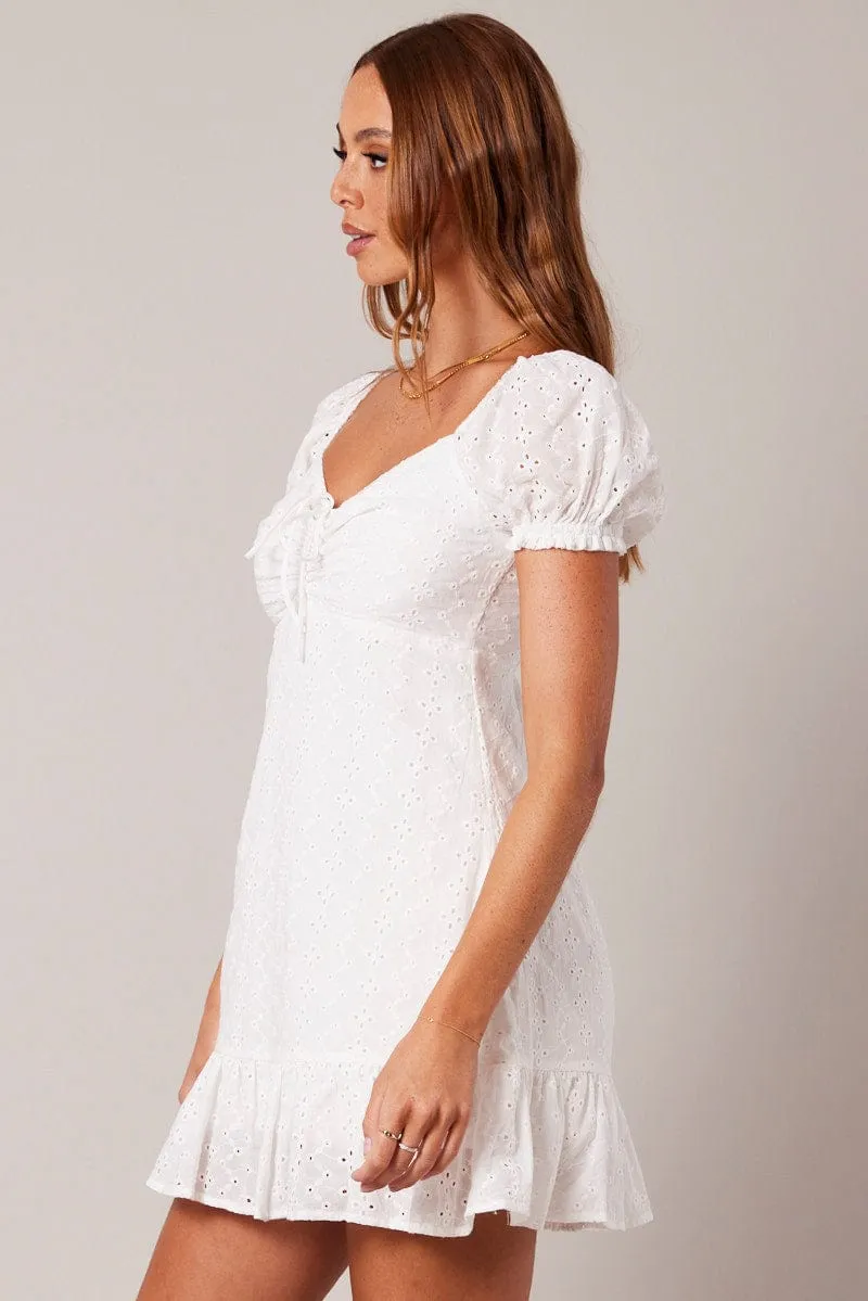 White Fit And Flare Dress Puff Sleeve Mini WaterRepellentCoating