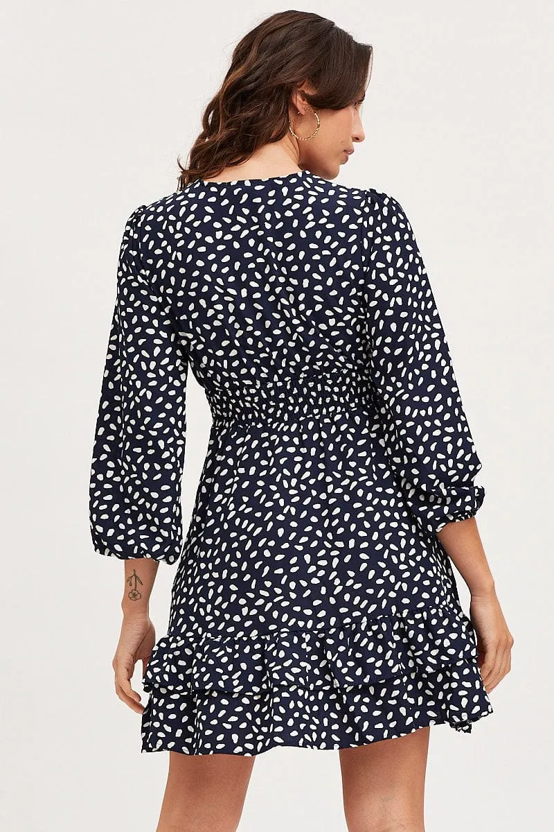 Relaxing Design Comfortable Sweater Geo Print Skater Dress Long Sleeve Mini Ruffle
