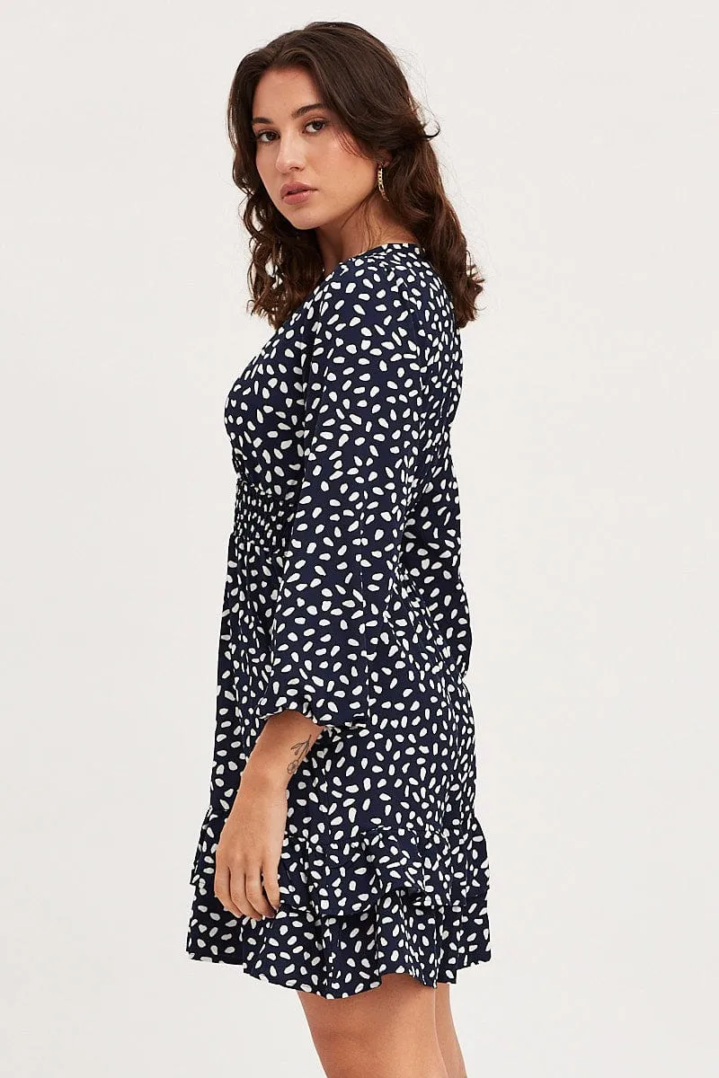 Active Gear Geo Print Skater Dress Long Sleeve Mini Ruffle