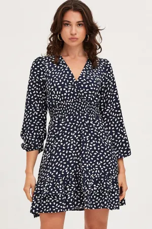 Strong Glow CompressionEnhanced Geo Print Skater Dress Long Sleeve Mini Ruffle