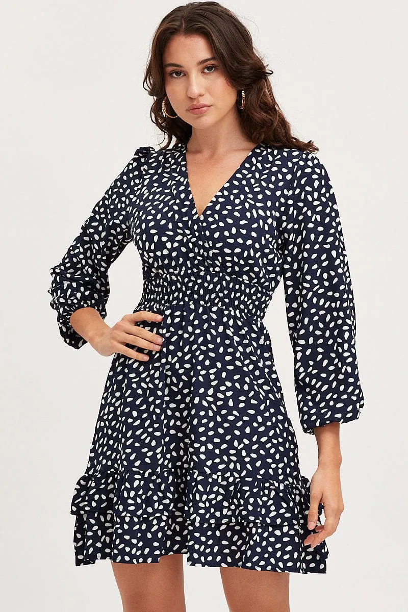 Seasonal Fashion Soft Joggers Geo Print Skater Dress Long Sleeve Mini Ruffle