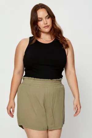 Green Shorts High Rise Shirred Waist Cozy Pajama Set