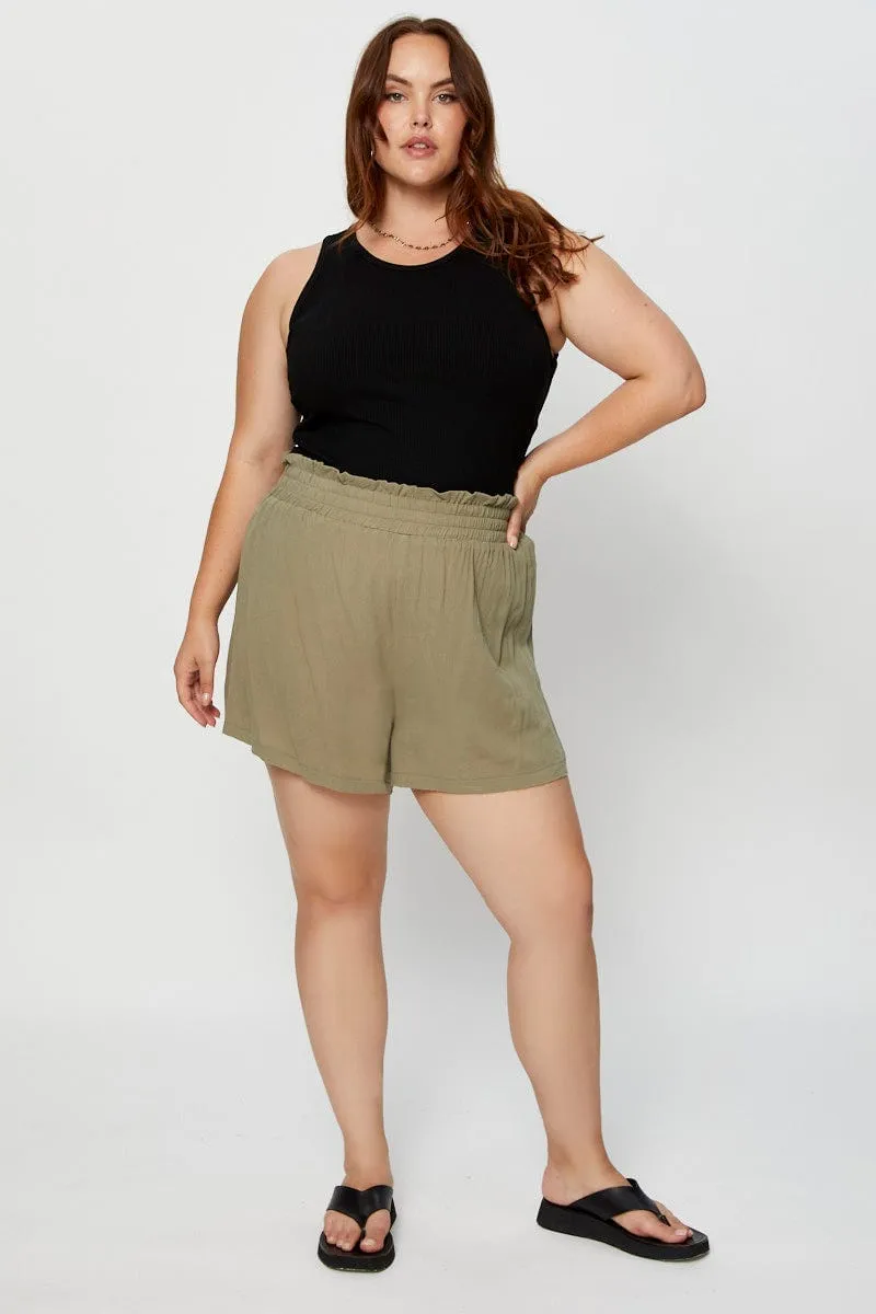 Green Shorts High Rise Shirred Waist Light Wool
