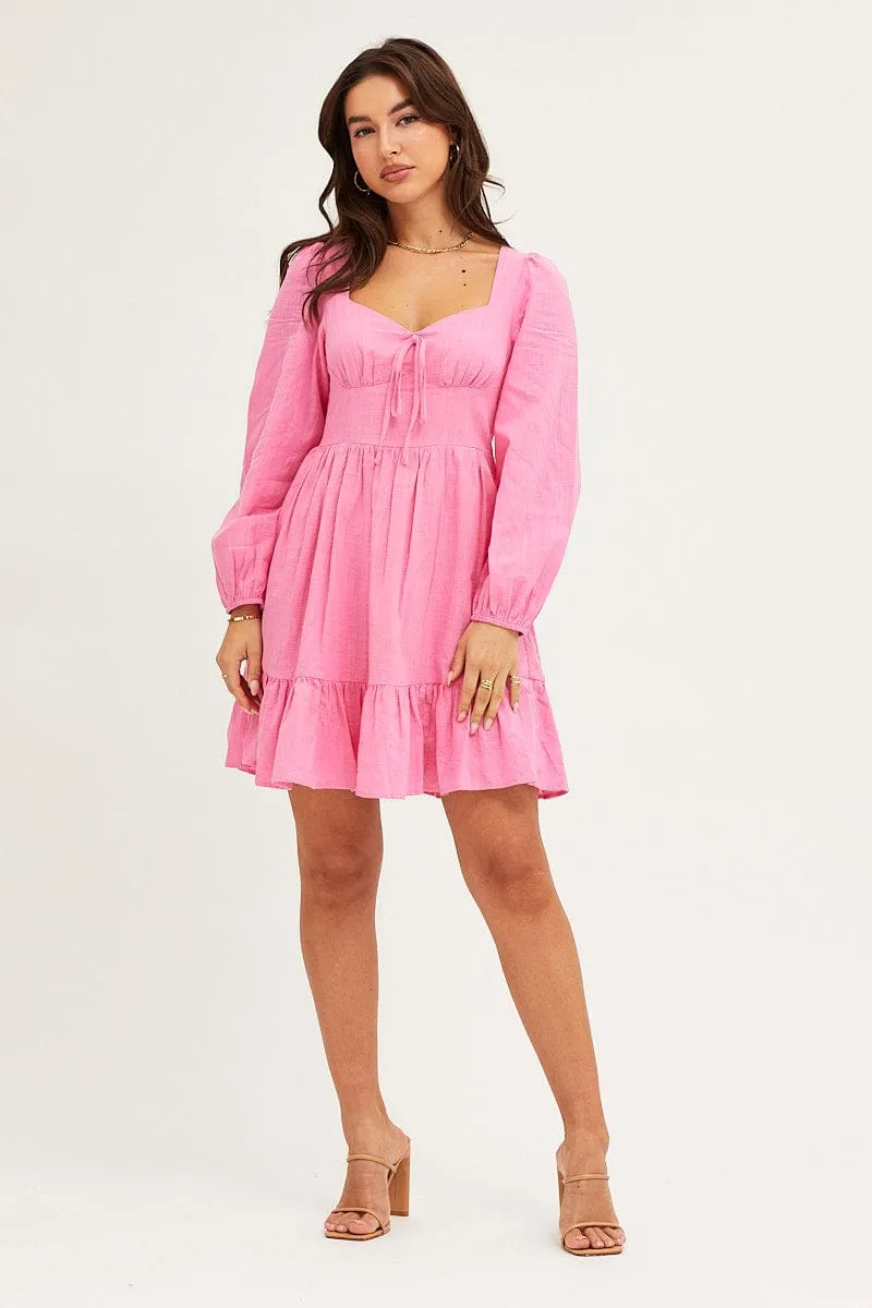 Pink Skater Dress Puff Sleeve Mini GridTexture Cozy Sweater