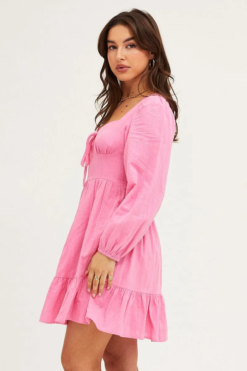Pink Skater Dress Puff Sleeve Mini Party Guest ReinforcedStitching