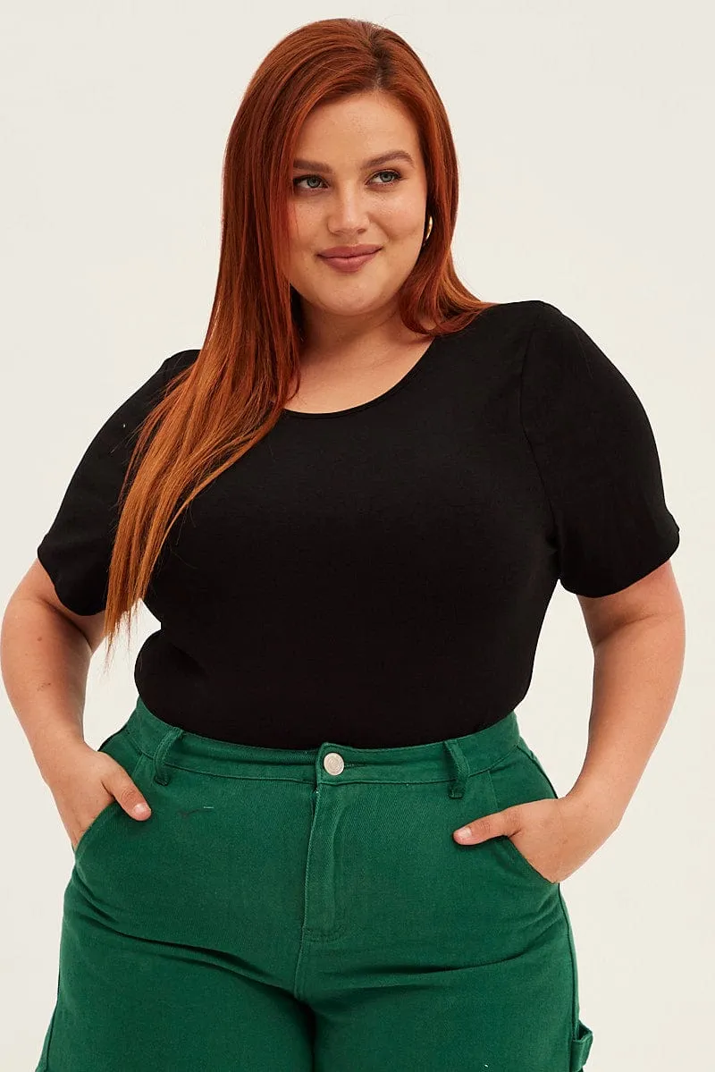 Black Bodysuit Short Sleeve Crew Neck Sustainable Manufacturing Winner Vibe