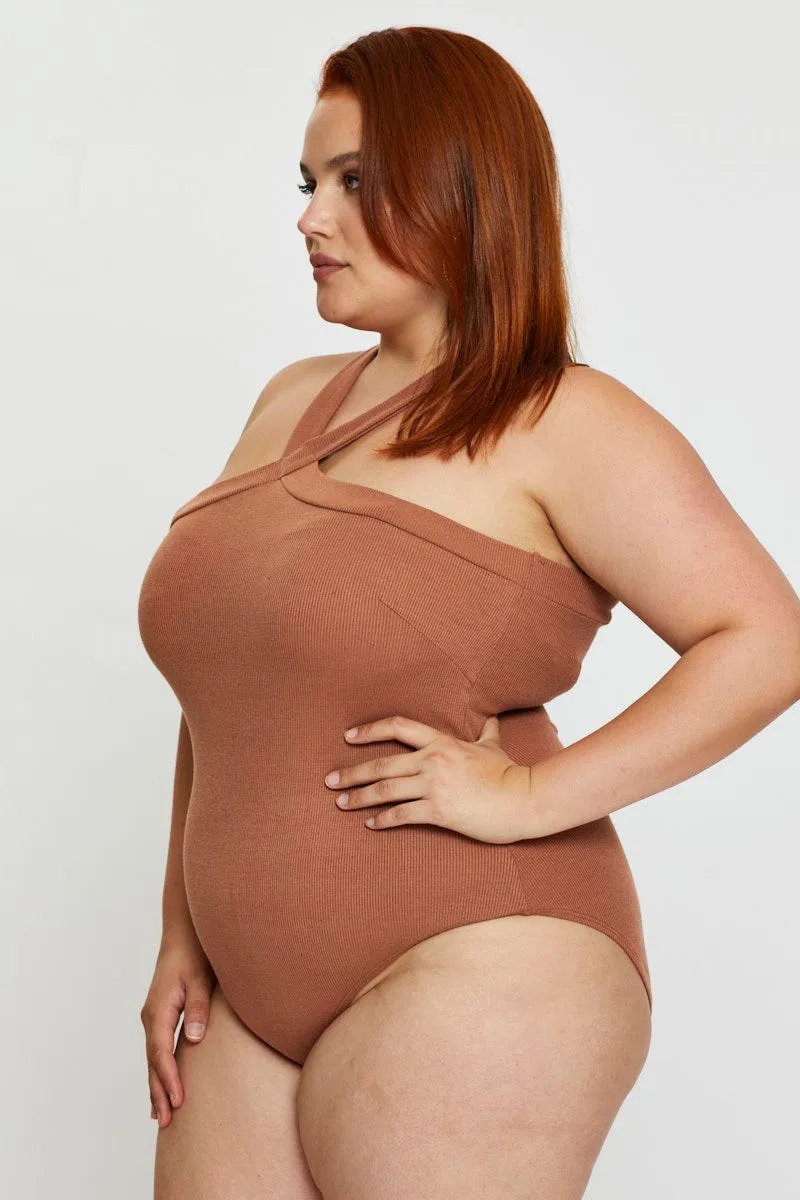 Clear Glow Beige Jersey Bodysuit Cross Front Halter