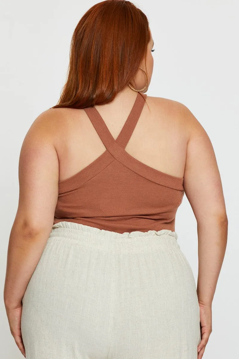 Beige Jersey Bodysuit Cross Front Halter QuickDry