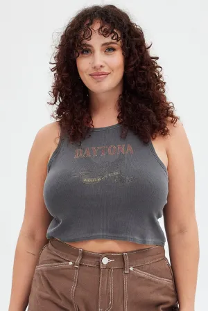 Grey Graphic Tank Daytona Crop Rib Jersey Moon Beam