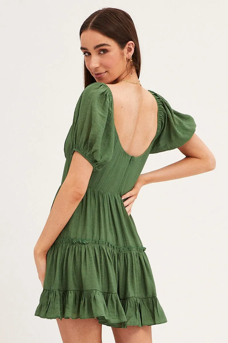 AntiStatic Material Business Attire Green Fit And Flare Dress Puff Sleeve Sweetheart Neck