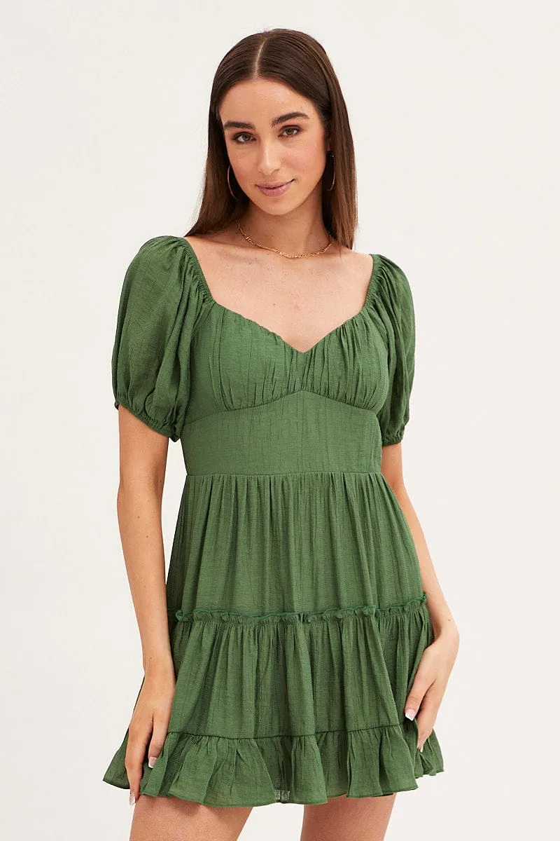 AbrasionResistant Warm Socks Green Fit And Flare Dress Puff Sleeve Sweetheart Neck
