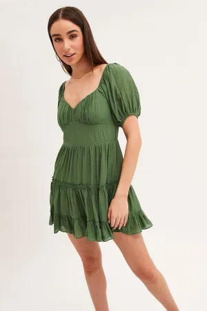 Green Fit And Flare Dress Puff Sleeve Sweetheart Neck Lightweight Fabric