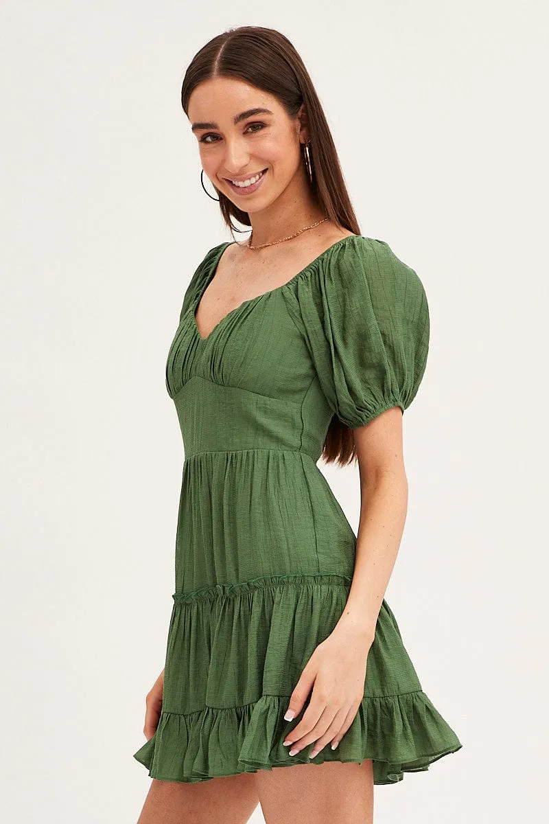 Green Fit And Flare Dress Puff Sleeve Sweetheart Neck Creative Flow StretchableMaterial