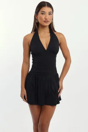 Black Halter Neck Mini Dress casual top NonRestrictiveFit