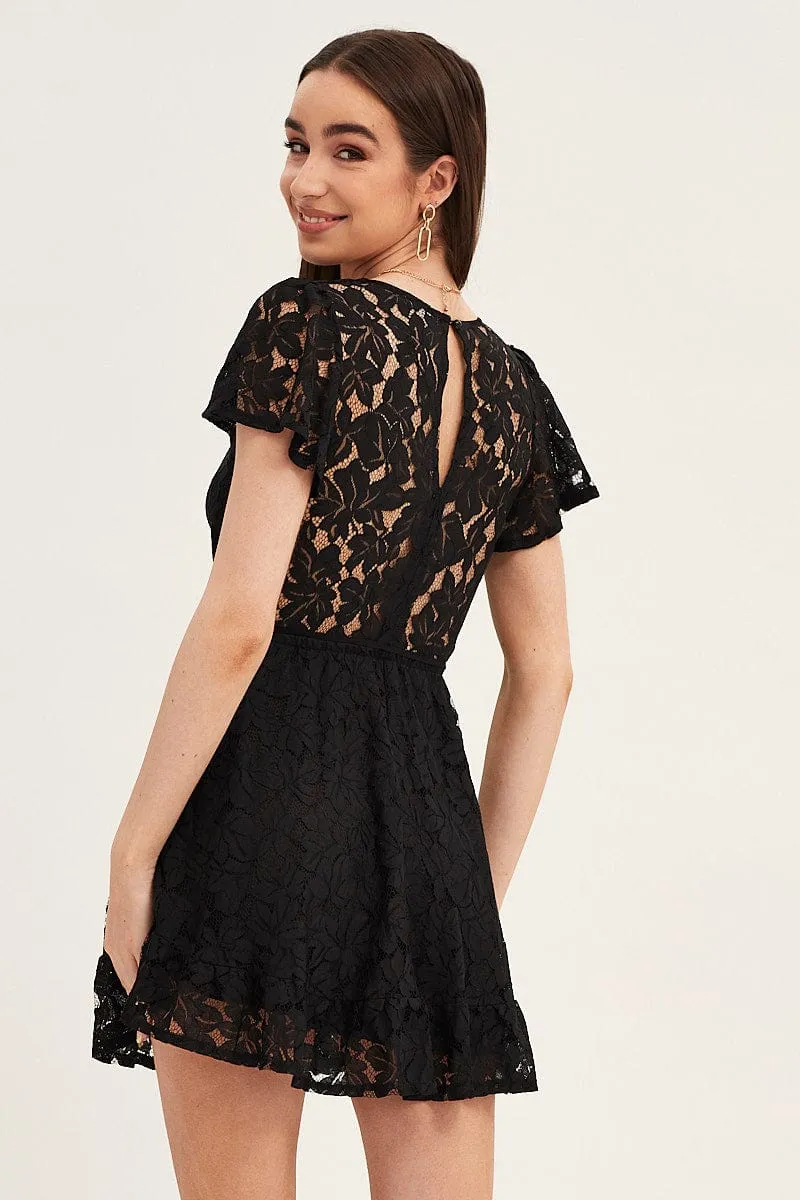 Black Short Sleeve Lace Wrap Front Skater Dress Ventilated Back Panel HighDensityWeave