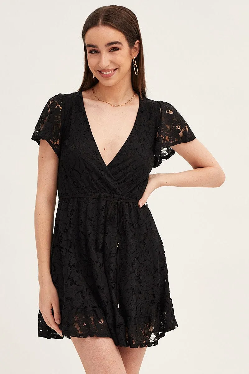 Black Short Sleeve Lace Wrap Front Skater Dress Icon Fit Comfortable Jumpsuit