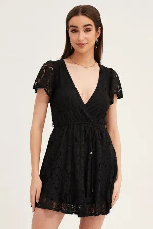 Design Edge Black Short Sleeve Lace Wrap Front Skater Dress
