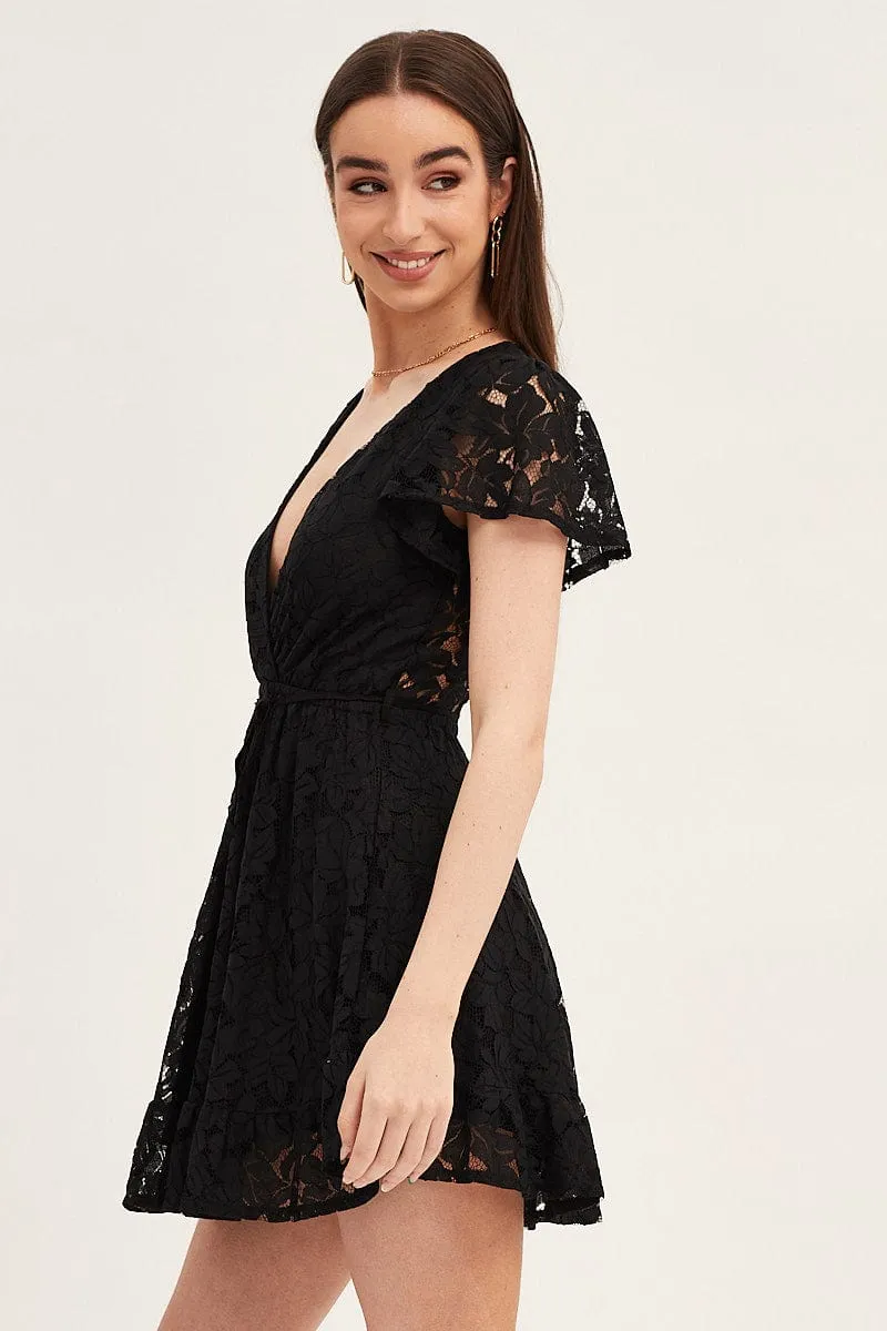 Unique Cut Black Short Sleeve Lace Wrap Front Skater Dress