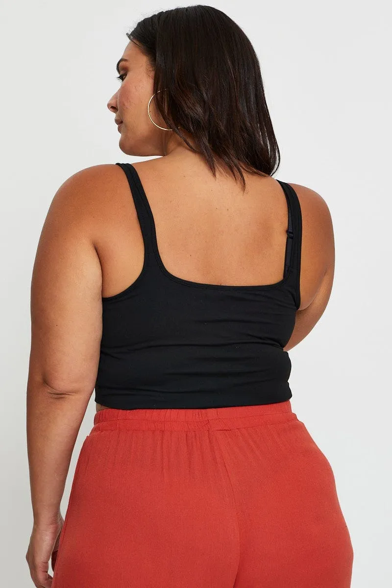 Black Tank Top Bust Seam Crop FlexibleCollar Casual Trend